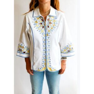 Bob Mackie Wearable Art White Jacket Zip Up Embroidered Laser Cut Blue Yellow 2X